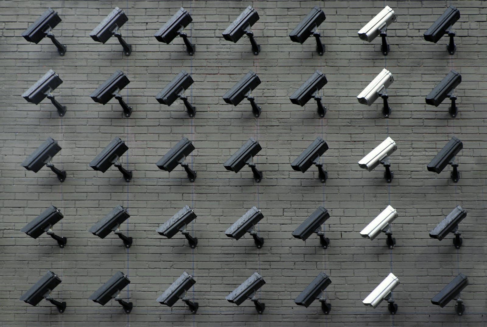 Grid of CCTV surveillance cameras mounted on a wall